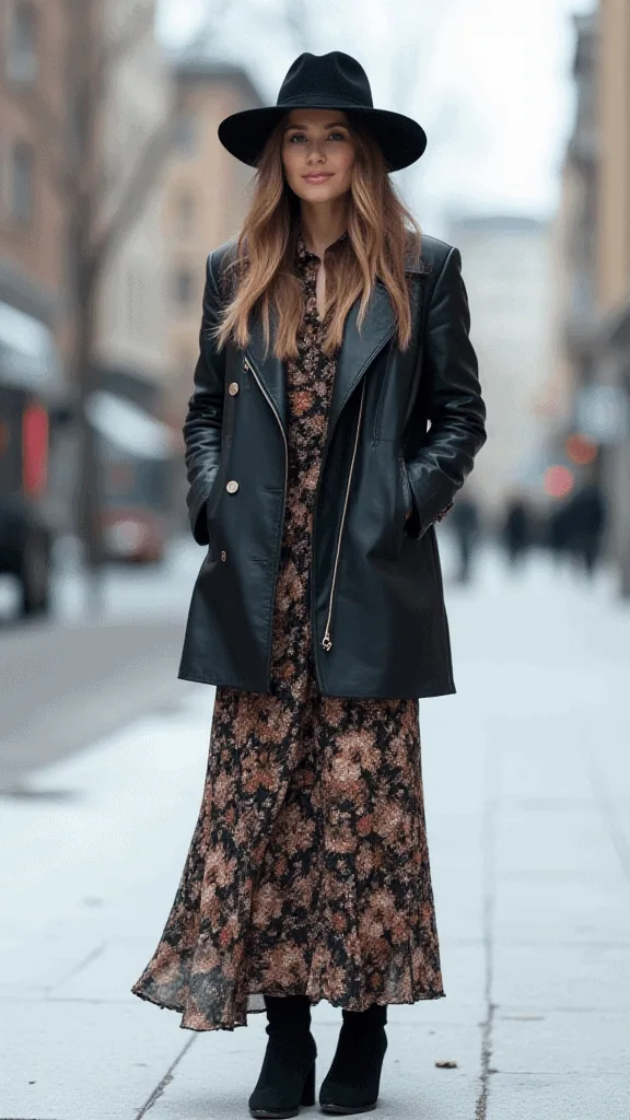 Leather Jacket and Maxi Dress