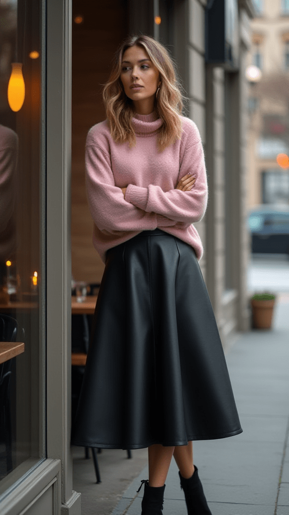 Leather Midi Skirt and Cashmere Sweater