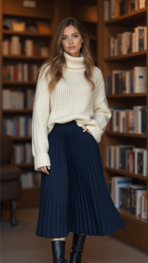 Chunky Turtleneck and Pleated Midi Skirt