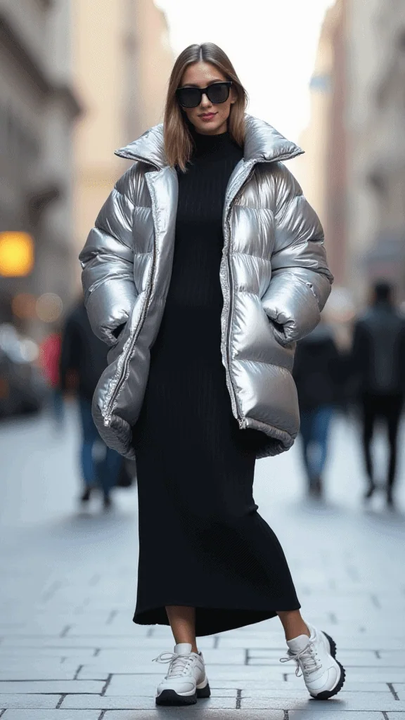 Puffer Coat and Midi Dress