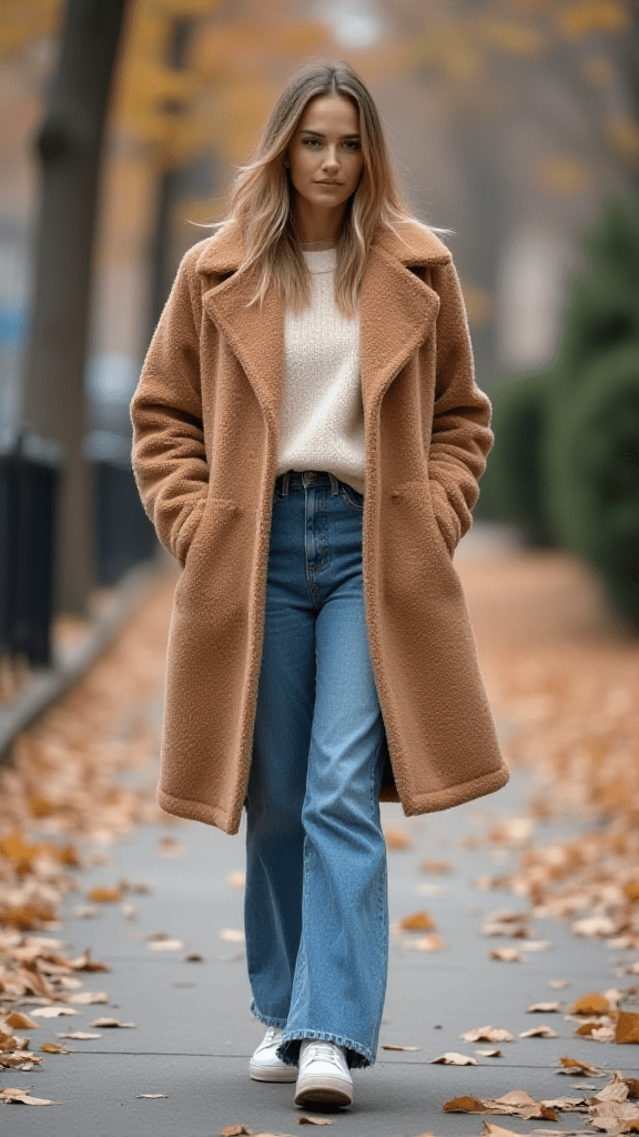 Teddy Coat and Wide-Leg Jeans