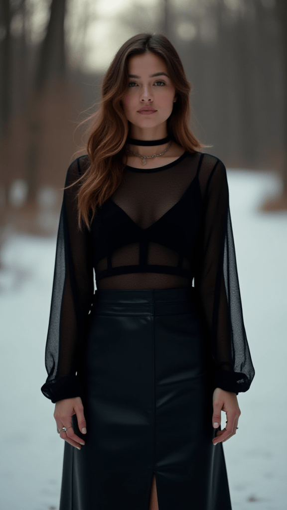 Mesh Top and Leather Midi Skirt