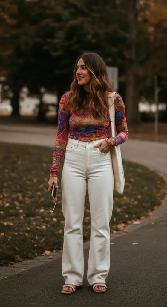 6. White Jeans and Colorful Top