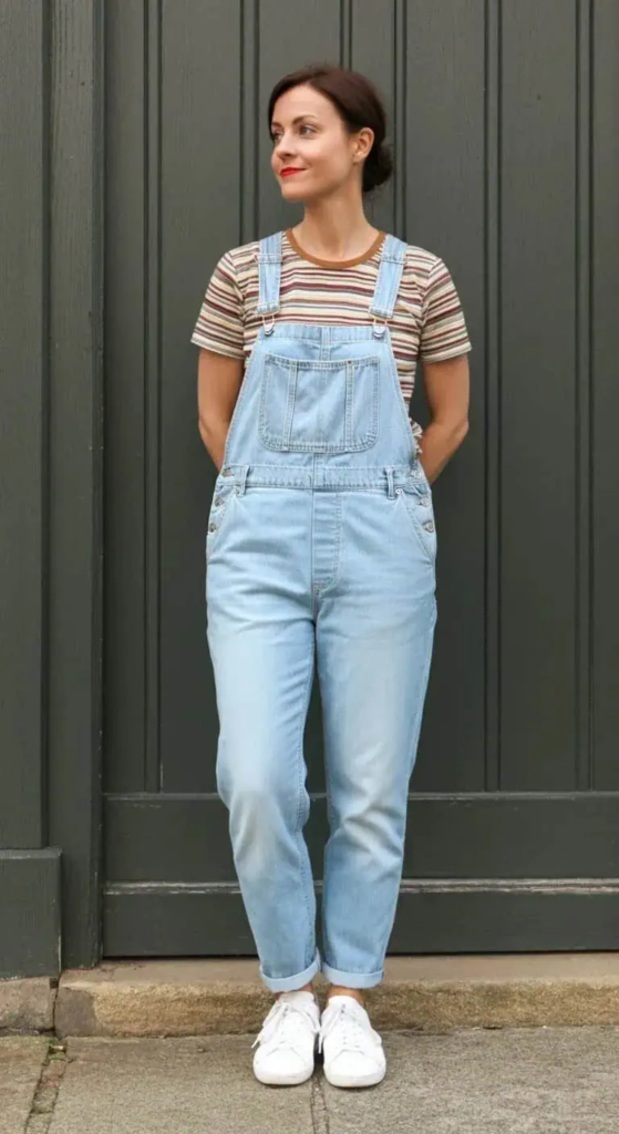 2. Denim Overalls and Striped Tee
