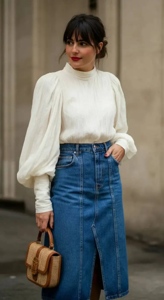 Denim Skirt with a White Top
