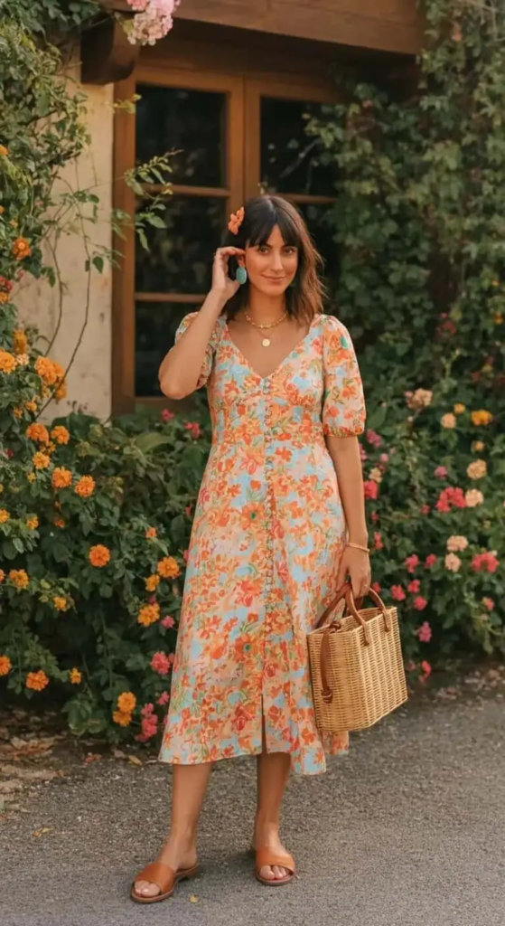 Midi Sundress with Wicker Bag