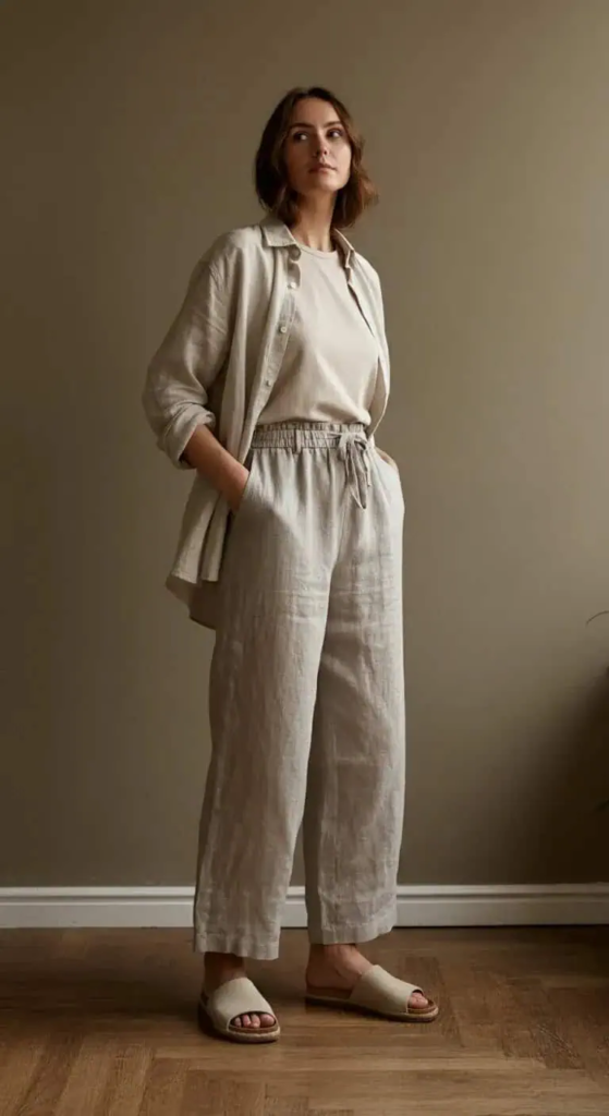 2. Linen Trousers with Button-Up Shirt