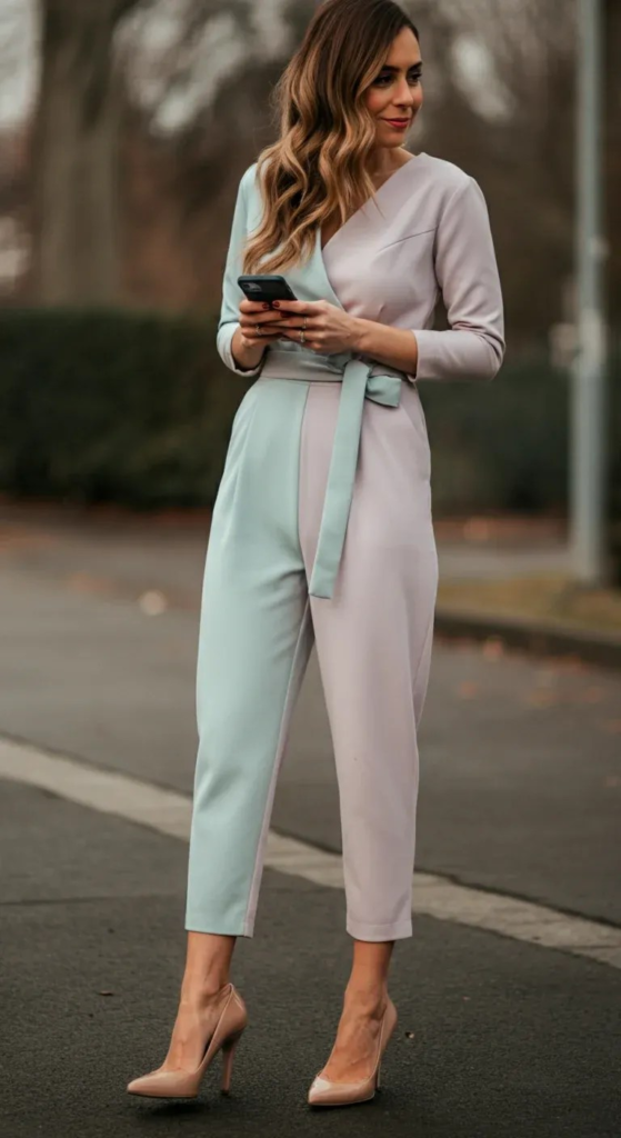 Pastel Jumpsuit with Nude Pumps
