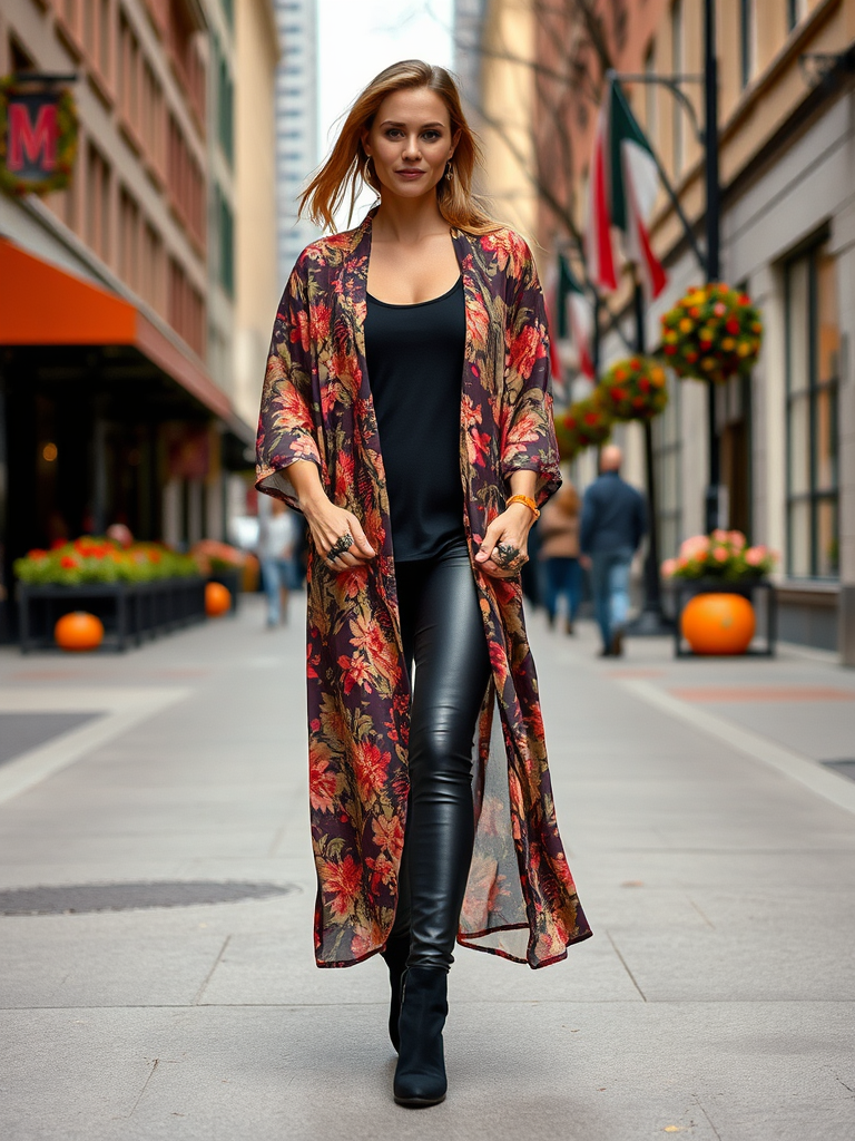 Floral Kimono and Leather Leggings