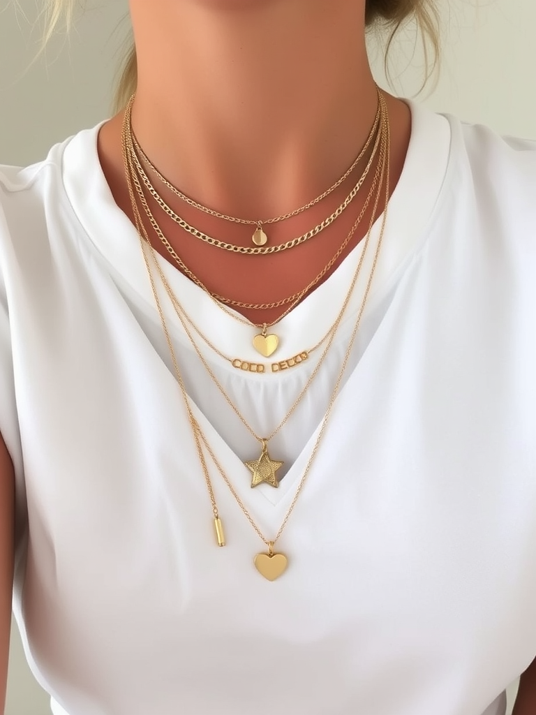 Layered Necklaces and V-Neck Tee