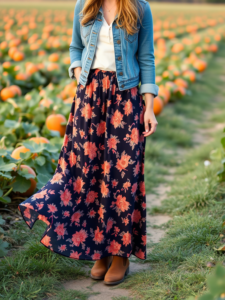 Floral Maxi Skirt and Denim Jacket