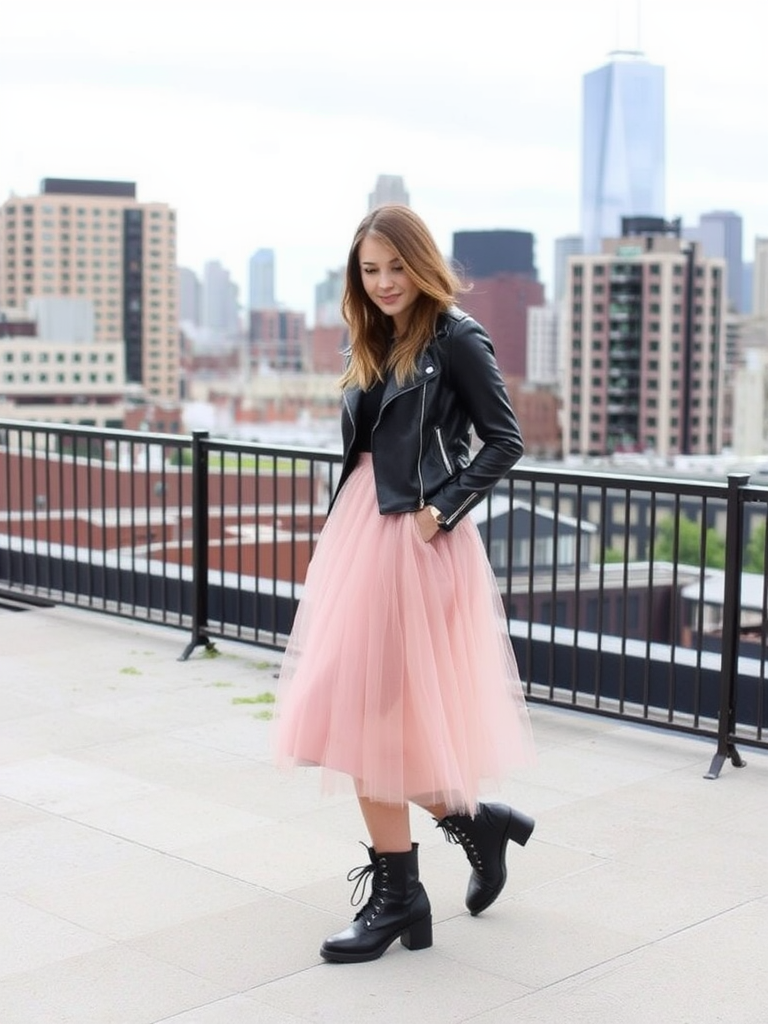 Tulle Skirt with Leather Jacket