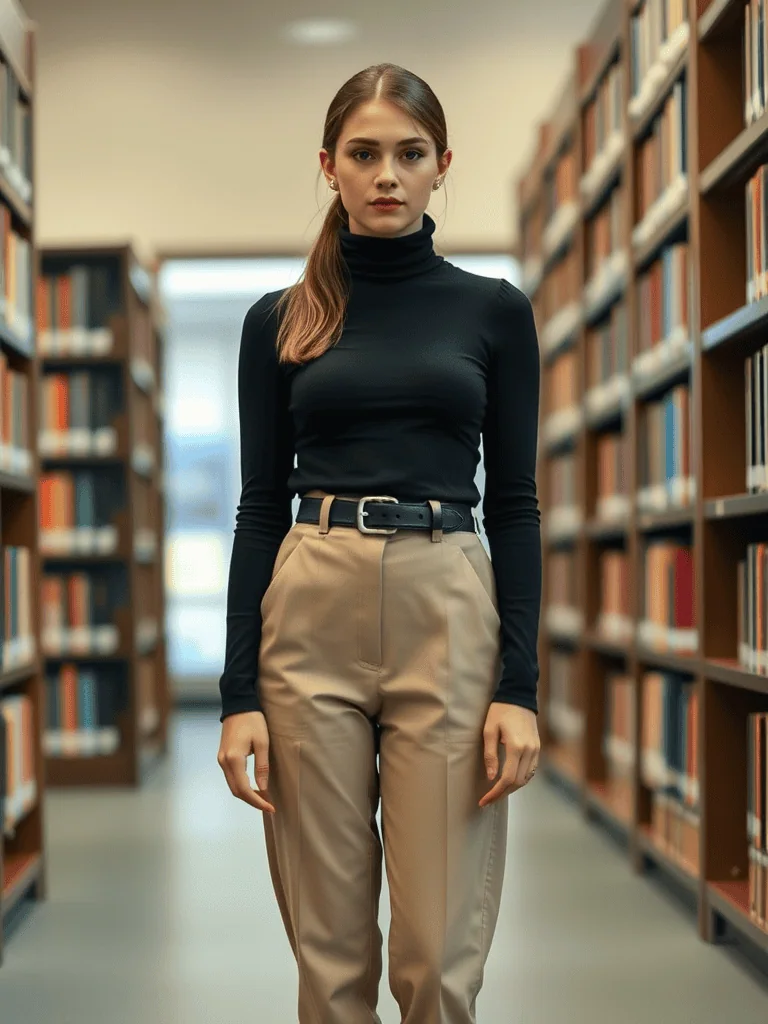 Turtleneck and High-Waisted Trousers