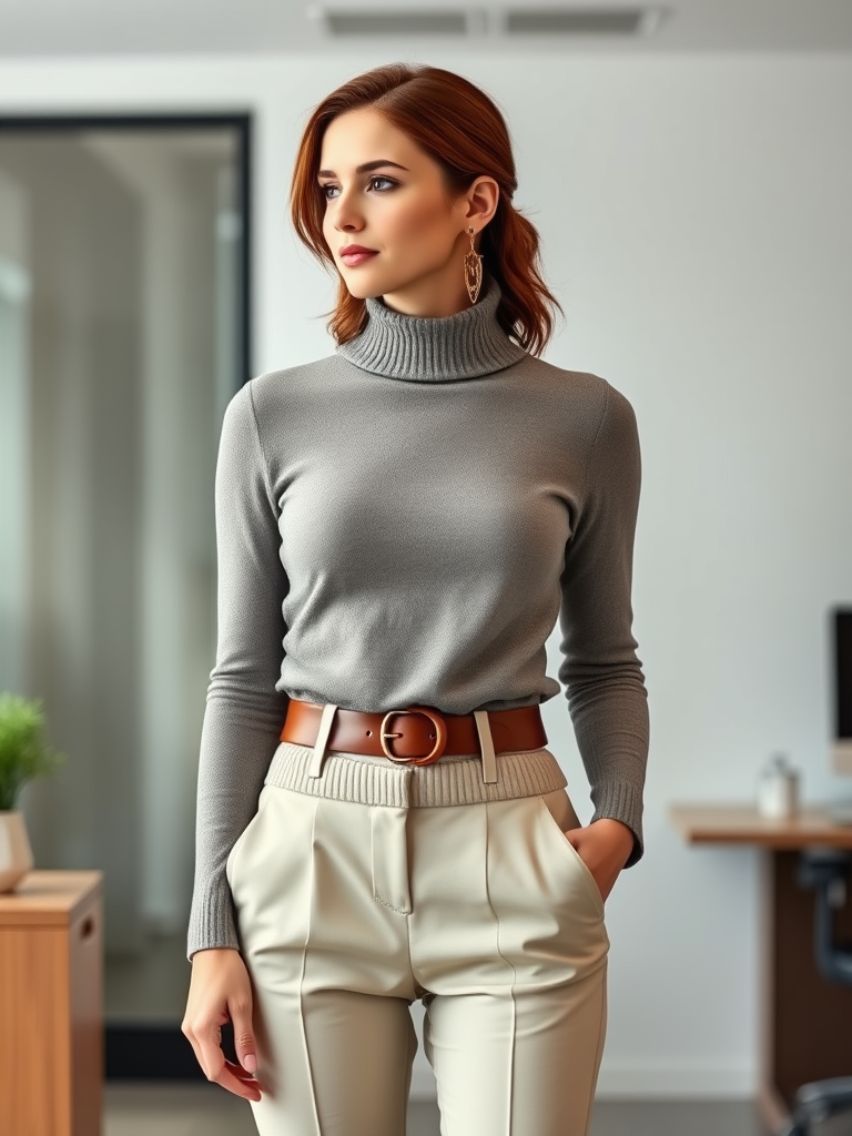Turtleneck and High-Waisted Trousers