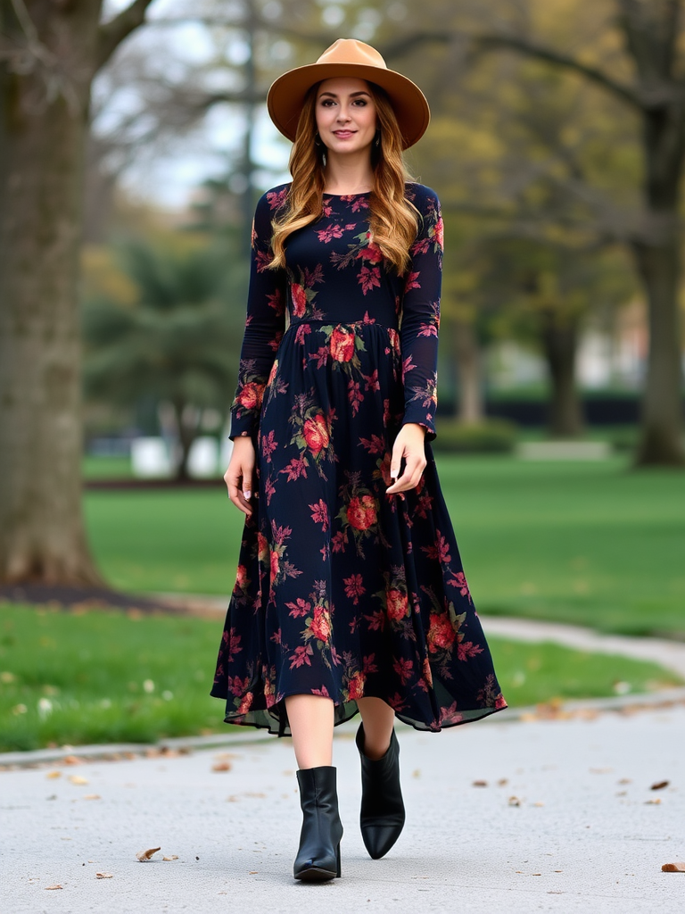 Floral Midi Dress and Ankle Boots