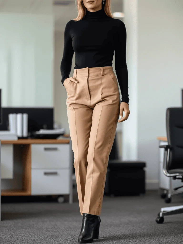 Turtleneck and High-Waisted Trousers