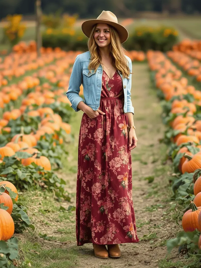 Floral Maxi Dress and Denim Jacket
