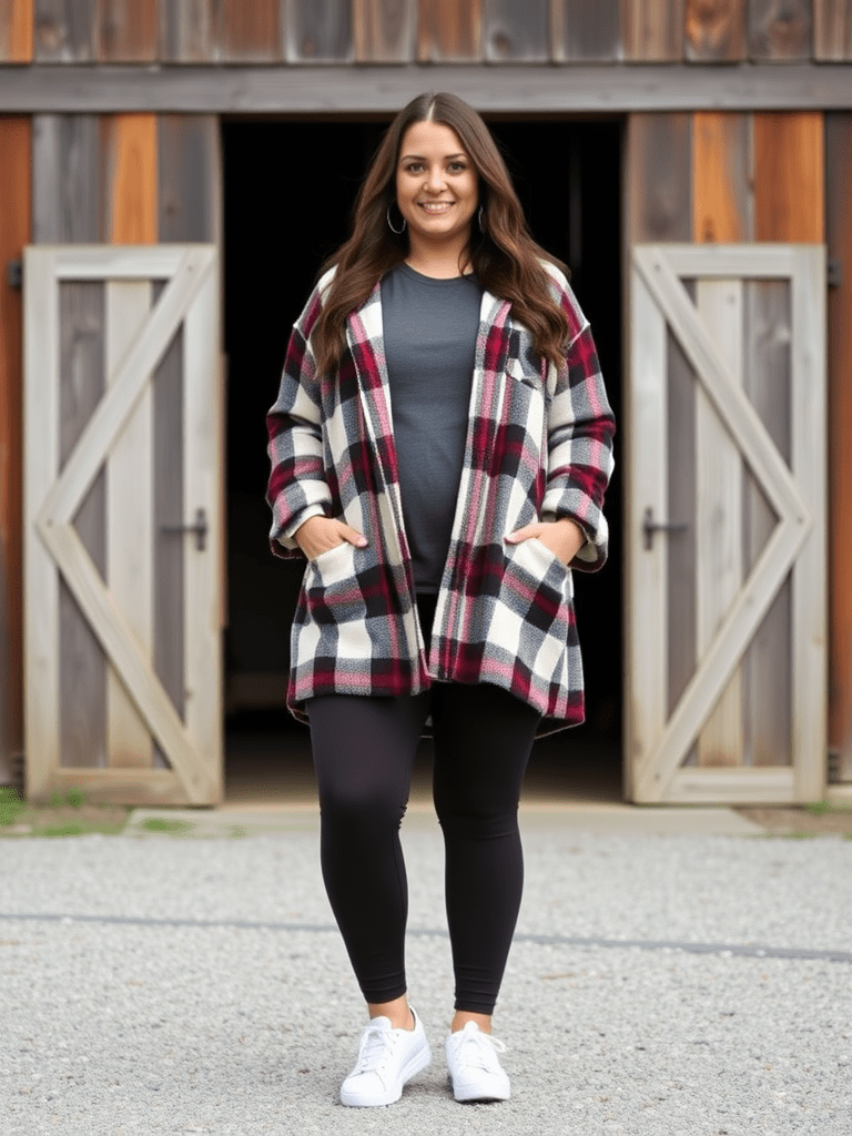 Plaid Shacket with Leggings and Sneakers