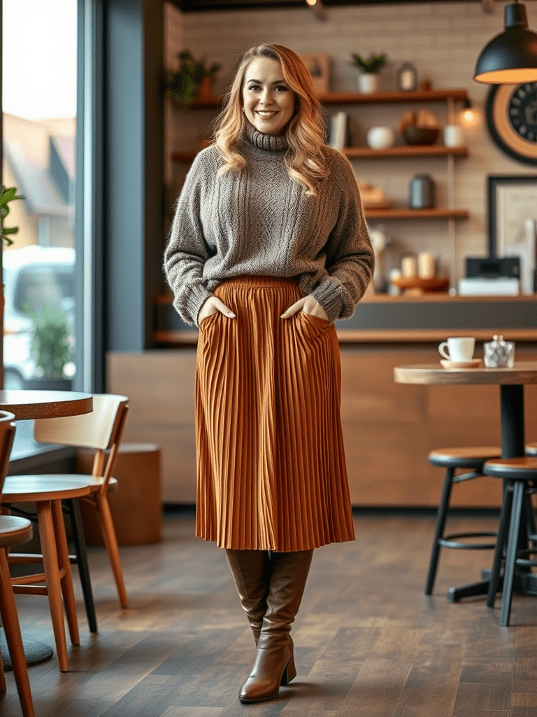 Pleated Midi Skirt and Chunky Sweater