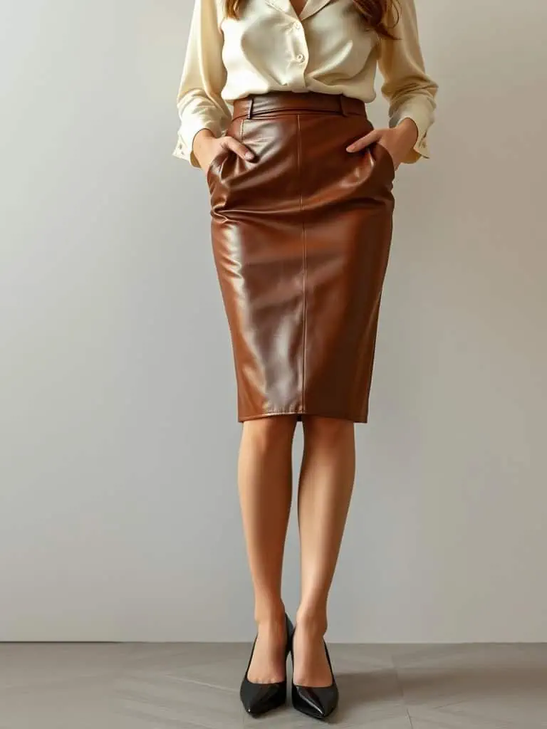 Leather Pencil Skirt and Silk Blouse