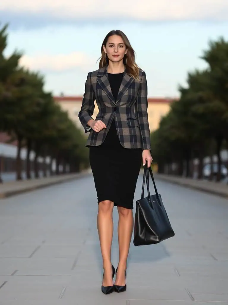 Plaid Blazer and Solid Dress