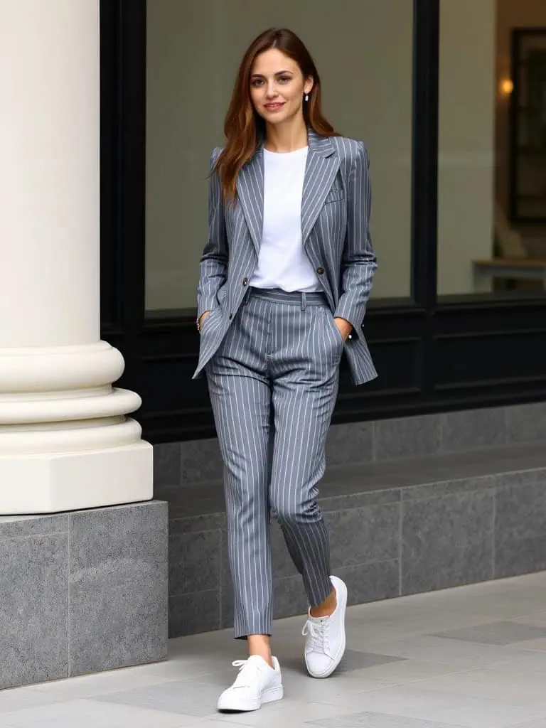 Pinstripe Suit with Sneakers