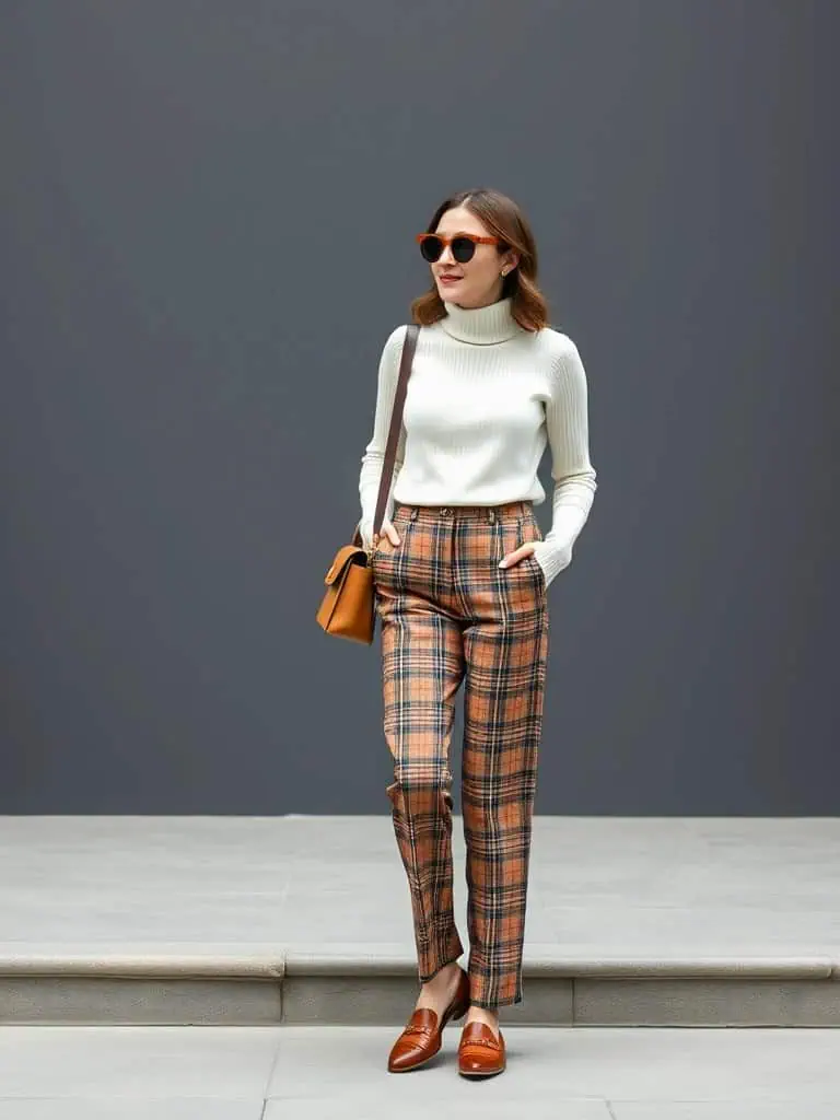Turtleneck Sweater and Plaid Trousers