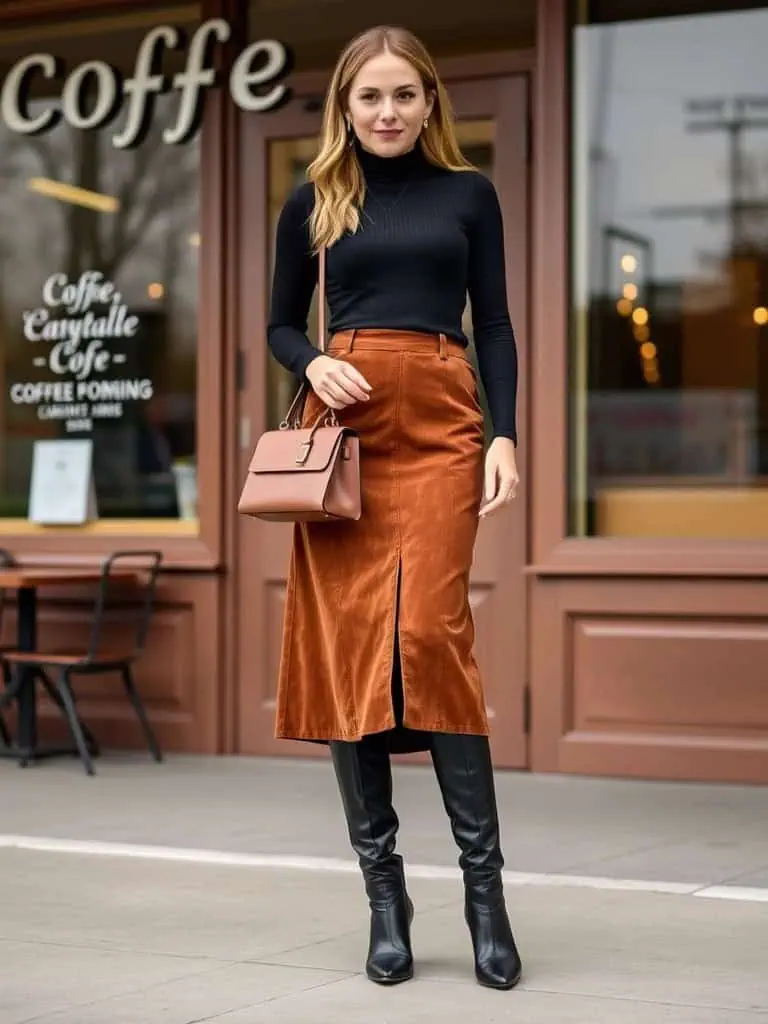 Turtleneck, Midi Skirt, and Tall Boots