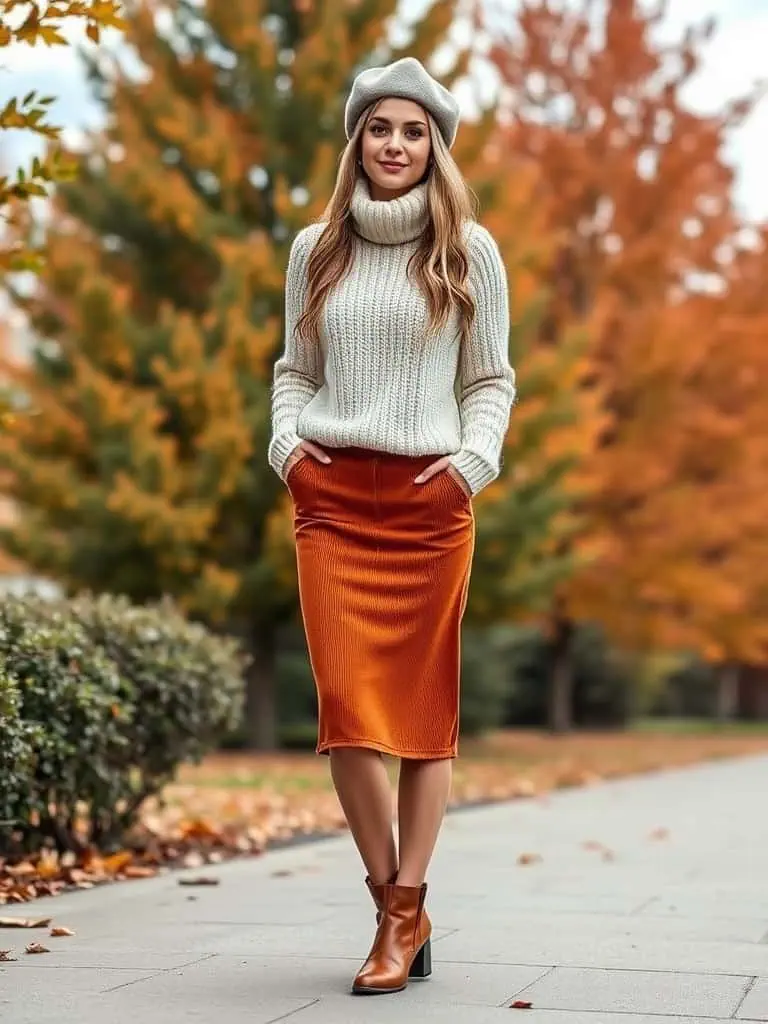 Turtleneck Sweater and Corduroy Skirt