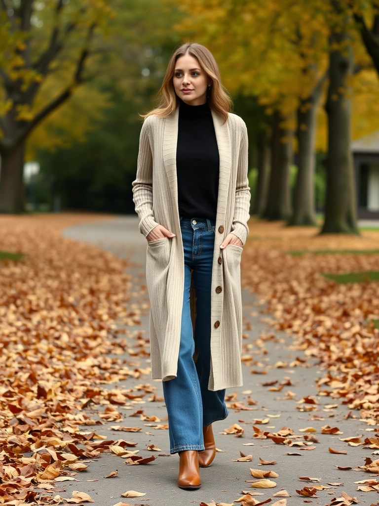 Cardigan, Turtleneck, and Wide-Leg Jeans