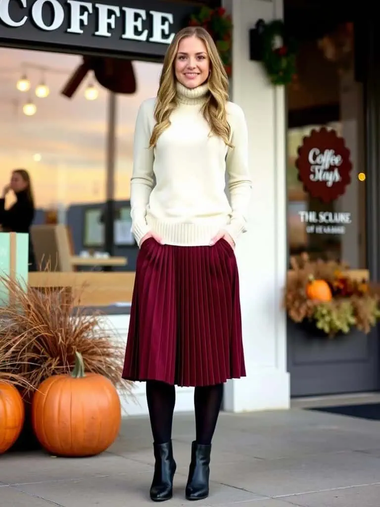 Turtleneck Sweater and Pleated Skirt