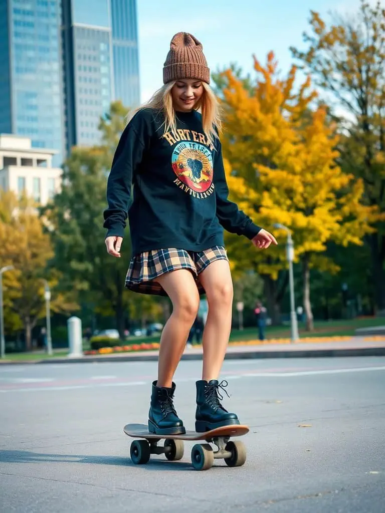 Oversized Graphic Tee and Plaid Mini Skirt