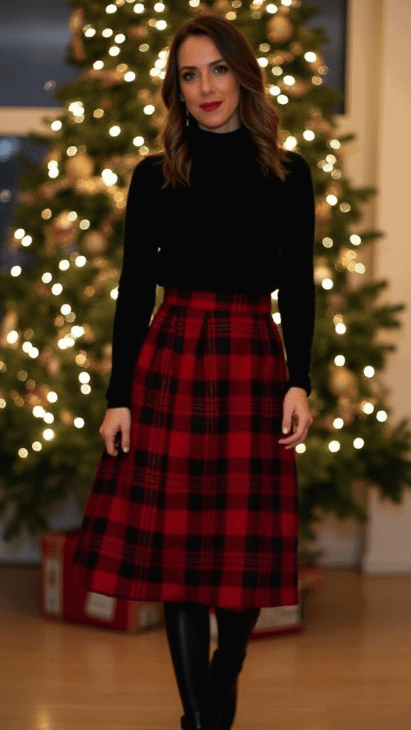Turtleneck Sweater and Plaid Skirt