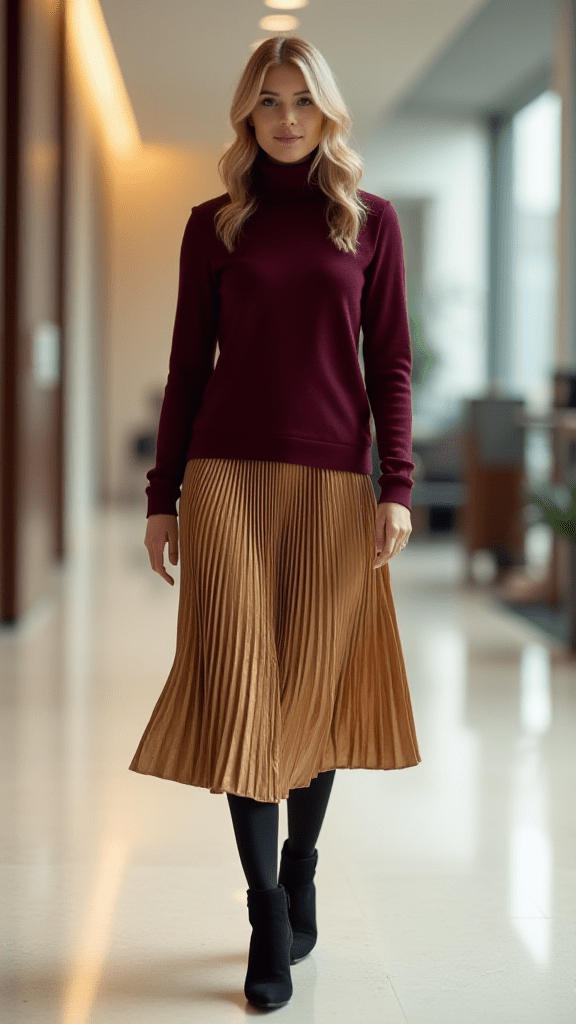 Turtleneck Sweater and Pleated Midi Skirt