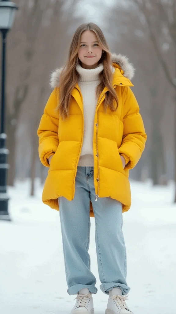 Colorful Puffer Jacket and Mom Jeans