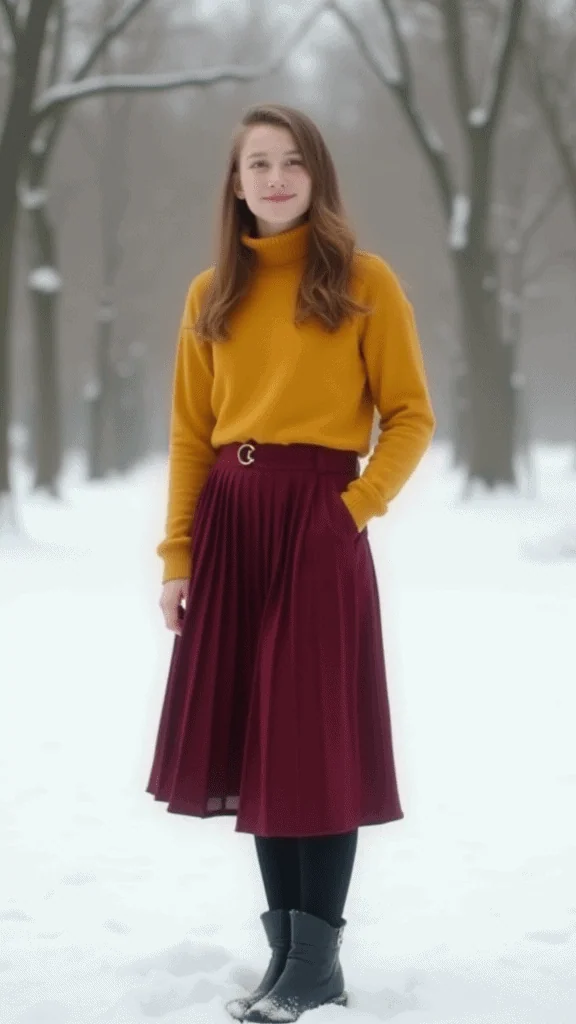 Turtleneck Sweater and Pleated Midi Skirt