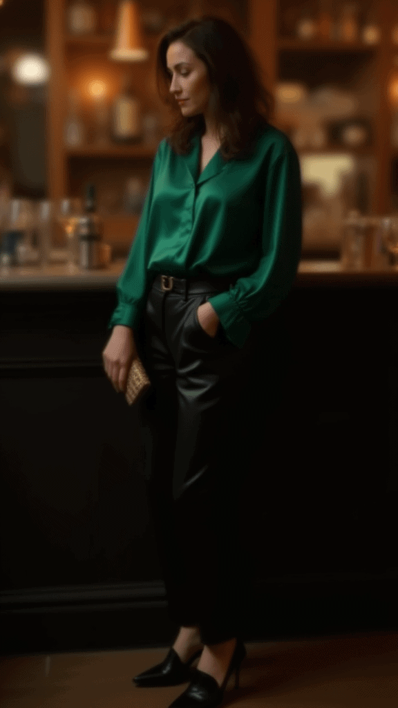 Leather Pants and Silk Blouse