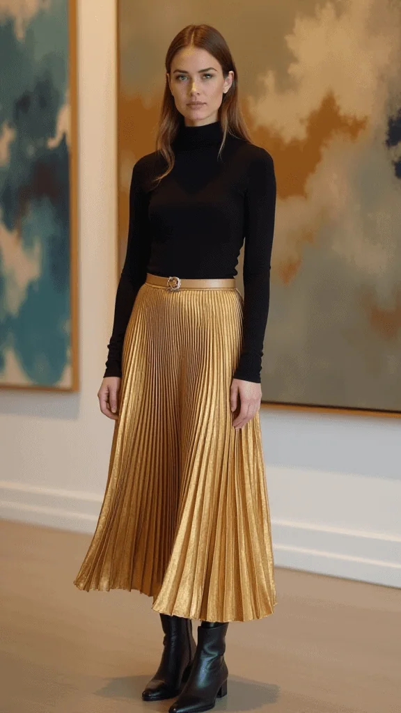 Metallic Pleated Maxi Skirt and Turtleneck