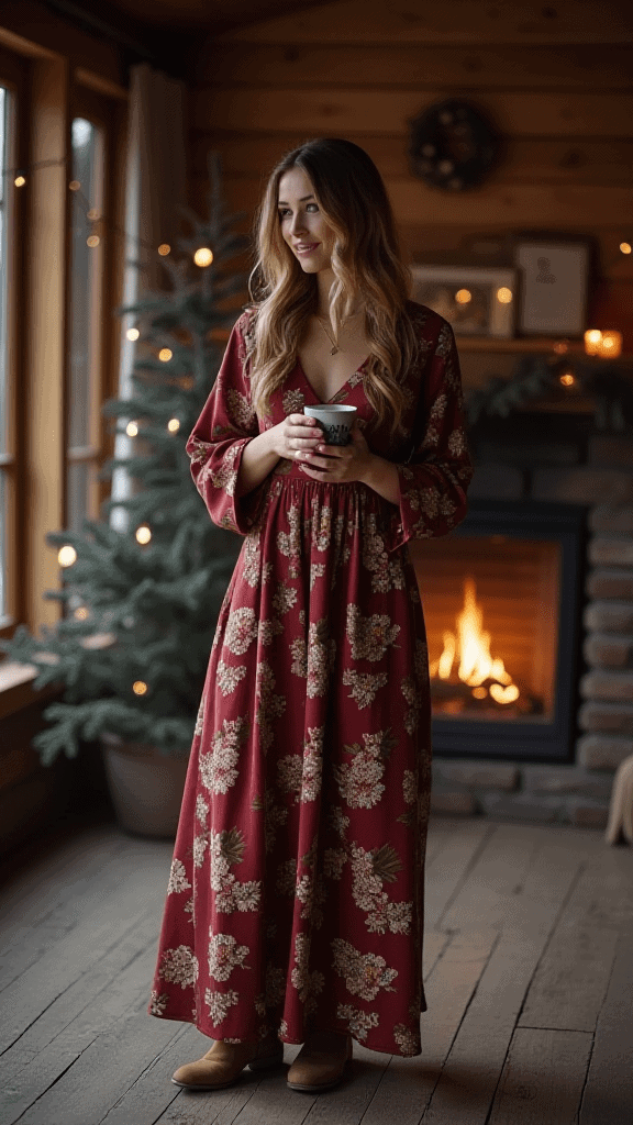 Printed Maxi Dress and Knee-High Boots