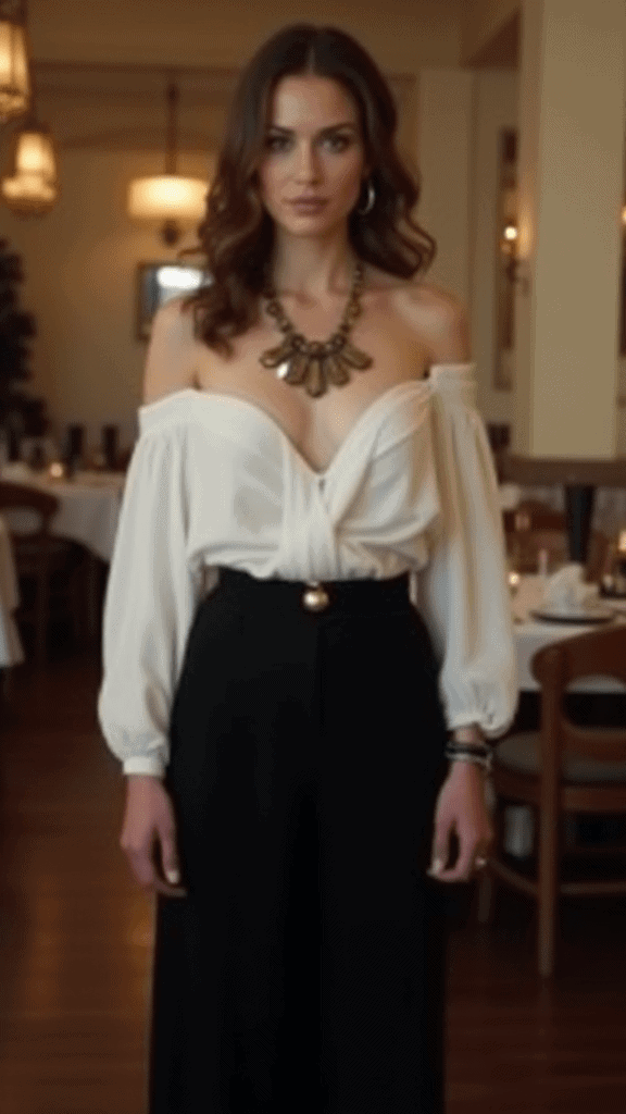 Wide-Leg Pants and Off-Shoulder Blouse