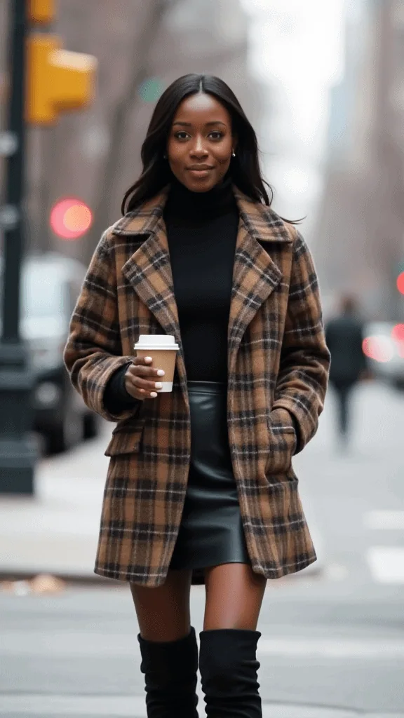Plaid Blazer and Leather Skirt