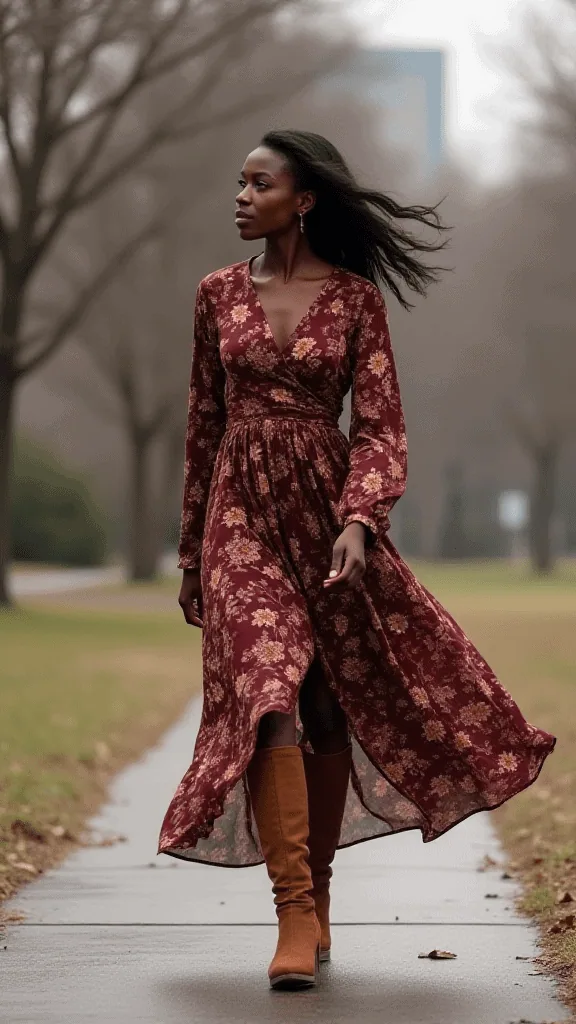 Printed Maxi Dress and Knee-High Boots