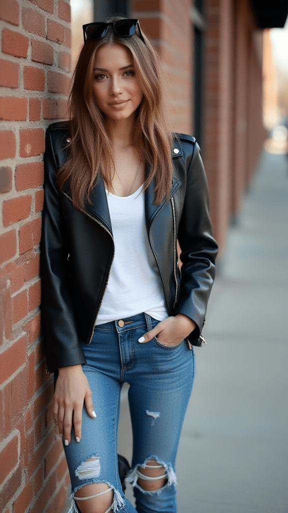 Leather Jacket and Distressed Jeans
