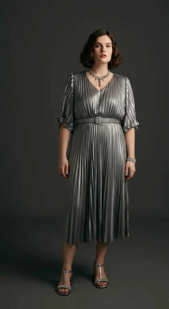 Pleated Metallic Midi Dress