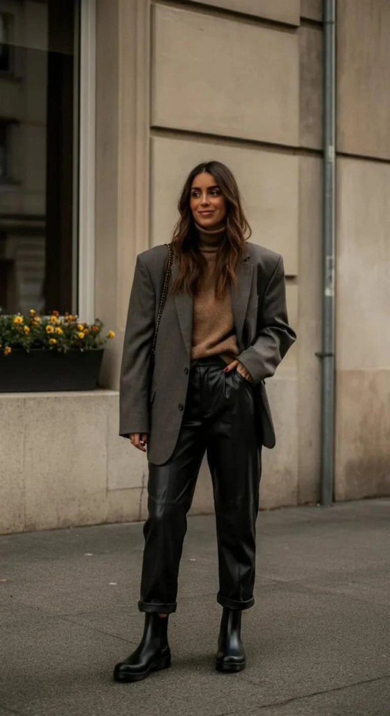 Leather Look Pants with Oversized Blazer