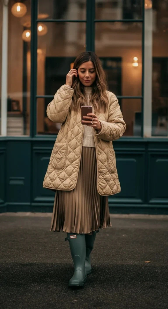 Quilted Coat with Midi Skirt