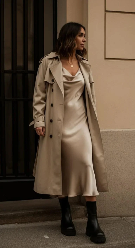 Waterproof Trench with Silk Slip Dress