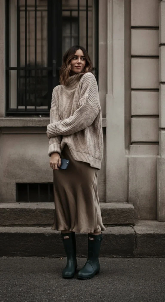 Sweater and Skirt Combo with Rain Boots