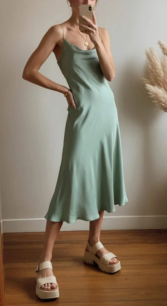1. Silk Midi Dress with Chunky Sandals
