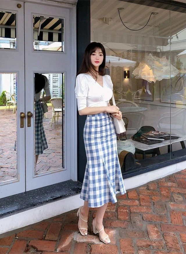 Crisp White Top with Gingham Midi Skirt